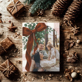 Elegant Bow Rustic Gingham Merry Christmas Photo  Feiertagspostkarte