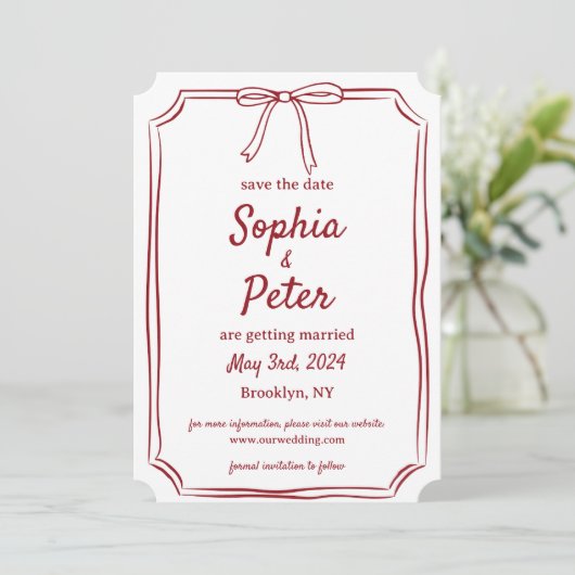 Elegant Bow Timeless Wedding Crimson Red Save The Date (Stehend Vorderseite)