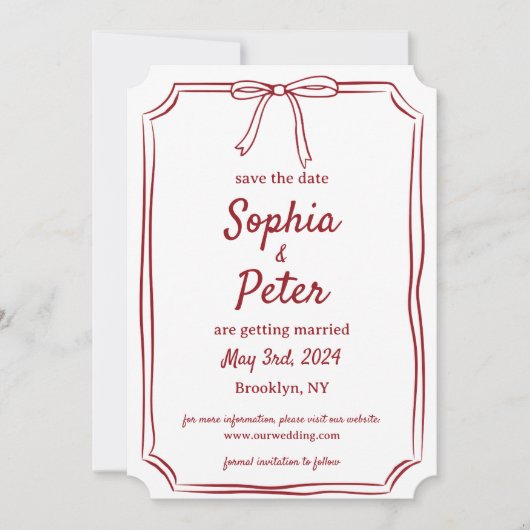 Elegant Bow Timeless Wedding Crimson Red Save The Date (Vorderseite)