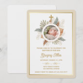 Elegant Boy Baptism Greenery Cross Photo  Invitati Einladung (Vorne/Hinten)