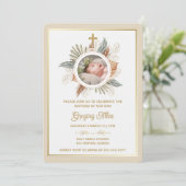 Elegant Boy Baptism Greenery Cross Photo  Invitati Einladung (Stehend Vorderseite)