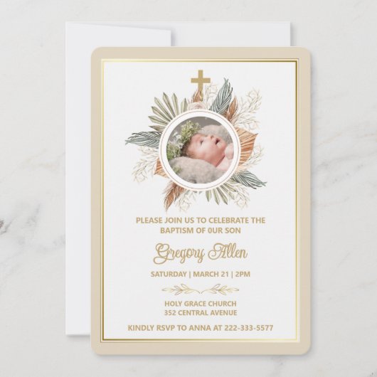 Elegant Boy Baptism Greenery Cross Photo  Invitati Einladung (Vorderseite)