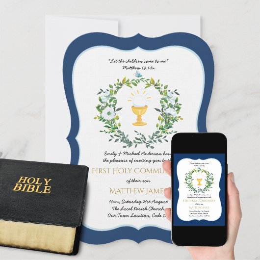 Elegant Boys Navy Floral First Heilige Kommune Einladung
