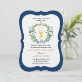 Elegant Boys Navy Floral First Heilige Kommune Einladung (Stehend Vorderseite)