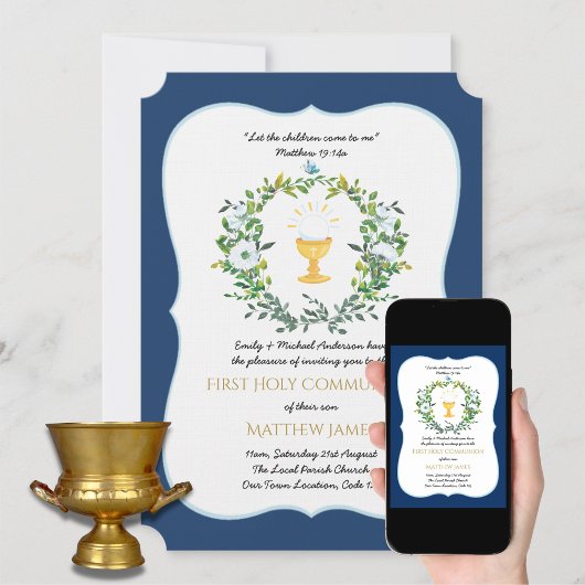 Elegant Boys Navy Floral First Holy Communion Inv Einladung