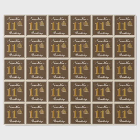 Elegant, braun, Imitate Gold 11. Geburtstag + Name Geschenkpapier (Flach)
