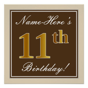 Elegant, braun, Imitate Gold 11. Geburtstag + Name Poster