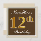 Elegant, braun, Imitate Gold 12. Geburtstag + Name Einladung (Vorne/Hinten)