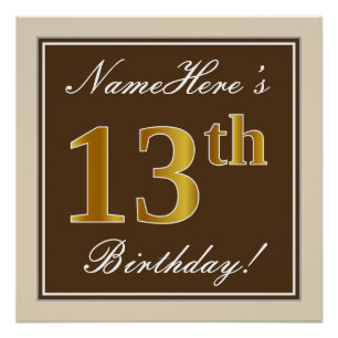 Elegant, braun, Imitate Gold 13. Geburtstag + Name Poster