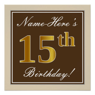 Elegant, braun, Imitate Gold 15. Geburtstag + Name Poster