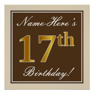 Elegant, braun, Imitate Gold 17. Geburtstag + Name Poster