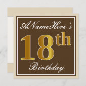 Elegant, braun, Imitate Gold 18. Geburtstag + Name Einladung (Vorne/Hinten)