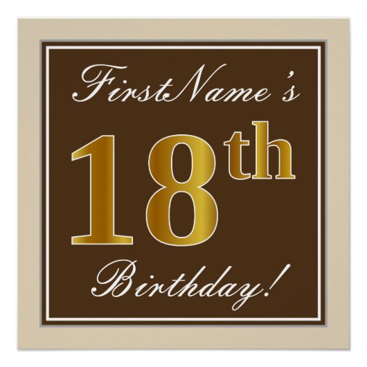 Elegant, braun, Imitate Gold 18. Geburtstag + Name Poster (Vorderseite)