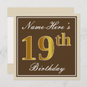 Elegant, braun, Imitate Gold 19. Geburtstag + Name Einladung (Vorne/Hinten)
