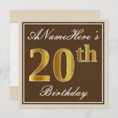 Elegant, braun, Imitate Gold 20. Geburtstag + Name Einladung (Vorne/Hinten)