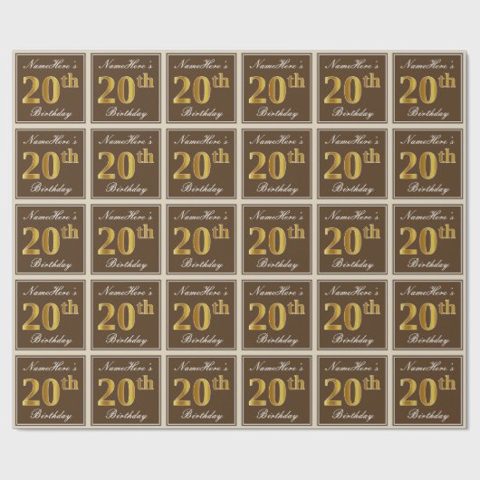Elegant, braun, Imitate Gold 20. Geburtstag + Name Geschenkpapier (Flach)