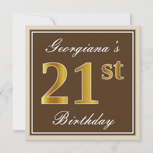 Elegant, braun, Imitate Gold 21. Geburtstag + Name Einladung (Vorderseite)
