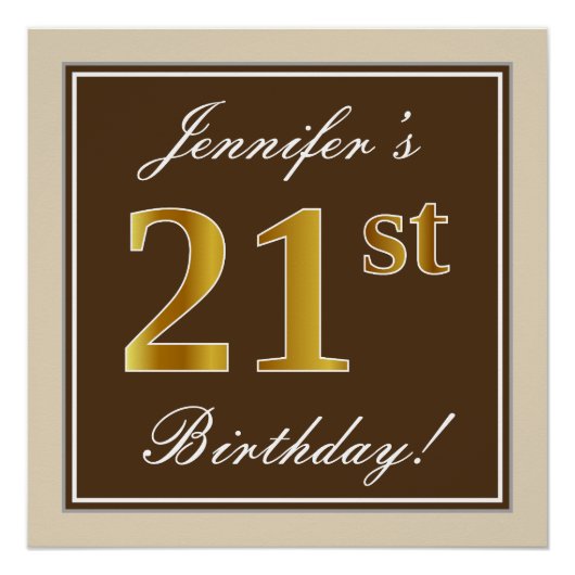 Elegant, braun, Imitate Gold 21. Geburtstag + Name Poster (Vorderseite)