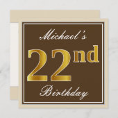 Elegant, braun, Imitate Gold 22. Geburtstag + Name Einladung (Vorne/Hinten)