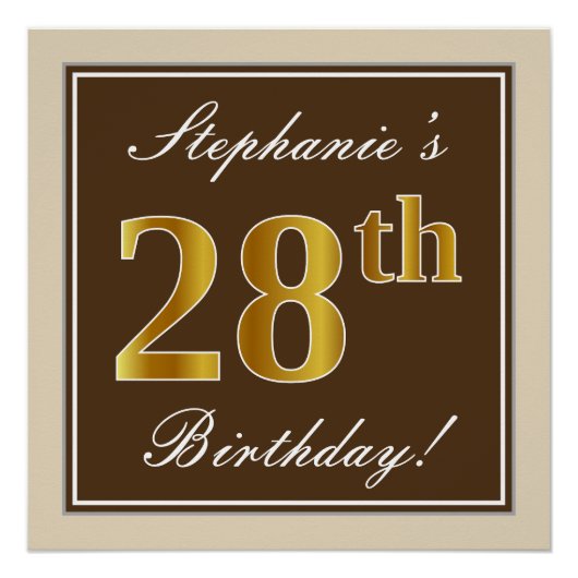 Elegant, braun, Imitate Gold 28. Geburtstag + Name Poster (Vorderseite)