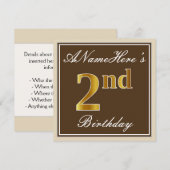 Elegant, braun, Imitate Gold 2. Geburtstag + Name Einladung (Vorne/Hinten)