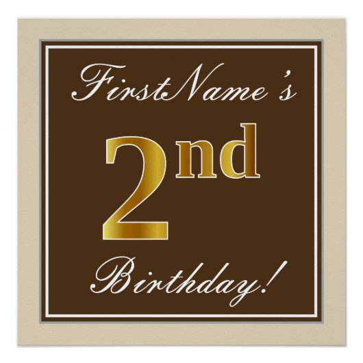 Elegant, braun, Imitate Gold 2. Geburtstag + Name Poster (Vorderseite)