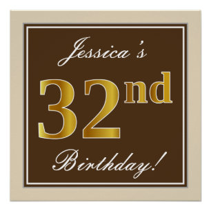 Elegant, braun, Imitate Gold 32. Geburtstag + Name Poster