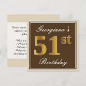 Elegant, braun, Imitate Gold 51. Geburtstag + Name Einladung (Vorne/Hinten)