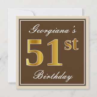 Elegant, braun, Imitate Gold 51. Geburtstag + Name Einladung