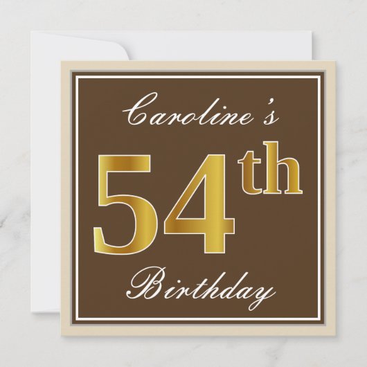 Elegant, braun, Imitate Gold 54. Geburtstag + Name Einladung (Vorderseite)