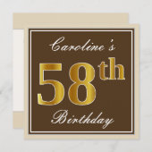 Elegant, braun, Imitate Gold 58. Geburtstag + Name Einladung (Vorne/Hinten)