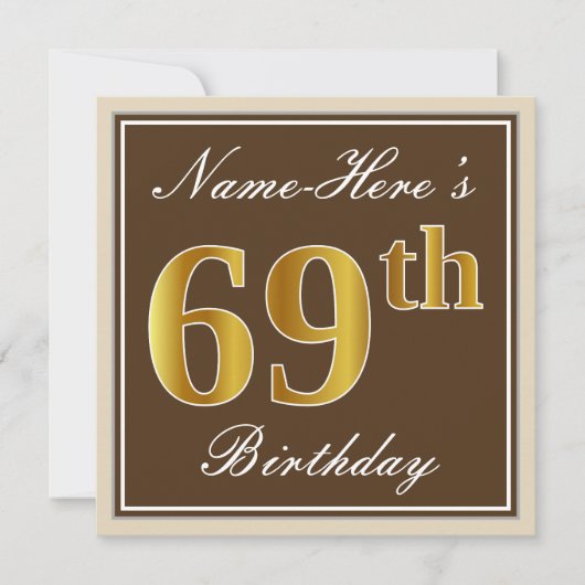 Elegant, braun, Imitate Gold 69. Geburtstag + Name Einladung (Vorderseite)