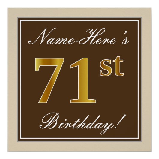 Elegant, braun, Imitate Gold 71. Geburtstag + Name Poster (Vorderseite)