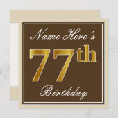 Elegant, braun, Imitate Gold 77. Geburtstag + Name Einladung (Vorne/Hinten)
