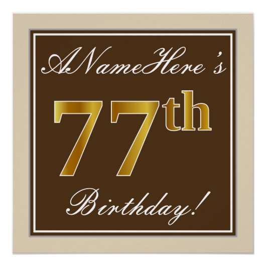 Elegant, braun, Imitate Gold 77. Geburtstag + Name Poster (Vorderseite)