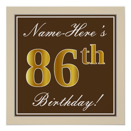 Elegant, braun, Imitate Gold 86. Geburtstag + Name Poster (Vorderseite)