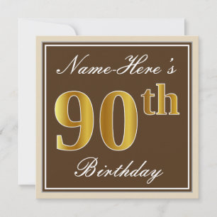 Elegant, braun, Imitate Gold 90. Geburtstag + Name Einladung
