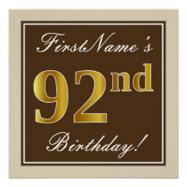 Elegant, braun, Imitate Gold 92. Geburtstag + Name Poster