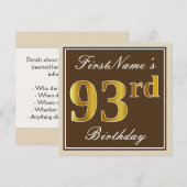 Elegant, braun, Imitate Gold 93. Geburtstag + Name Einladung (Vorne/Hinten)