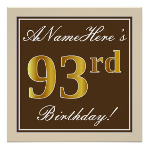 Elegant, braun, Imitate Gold 93. Geburtstag + Name Poster