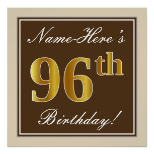 Elegant, braun, Imitate Gold 96. Geburtstag + Name Poster