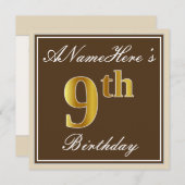 Elegant, braun, Imitate Gold 9. Geburtstag + Name Einladung (Vorne/Hinten)