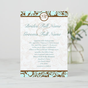 Elegant braunes Vintage-Damast auf hellblauem Aqua Einladung