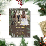 Elegant Bridal Foto Brown 1. Weihnachten Verheirat Folien Feiertagskarte<br><div class="desc">Elegant Bridal Foto Brown 1. Weihnachten Verheirateten Brown Gold Foil Kalligrafie Weihnachtsfeiertage Grußkarte.</div>