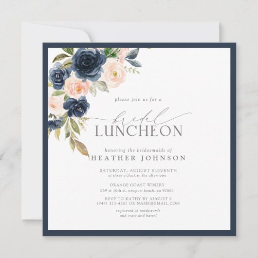 Elegant Bridal Luncheon Navy Blue Blush Pink Einladung (Vorderseite)