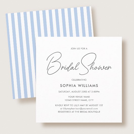 Elegant Bridal Shower Modern Script Blue Stripes Einladung