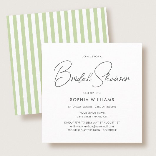 Elegant Bridal Shower Modern Script Green Stripes Einladung