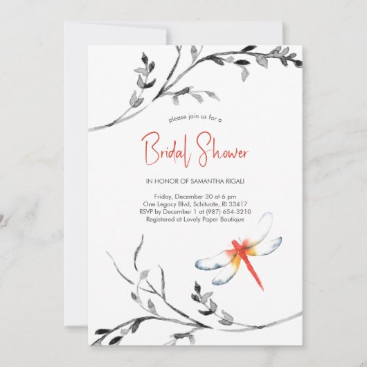 Elegant Bridal Shower Red Dragonfly Einladung (Vorderseite)