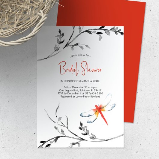 Elegant Bridal Shower Red Dragonfly Einladung