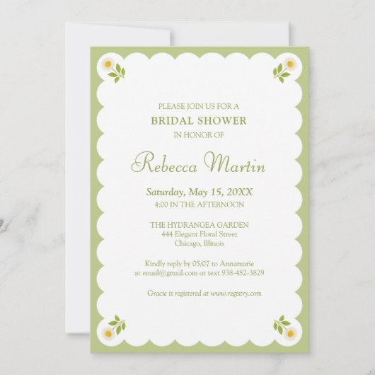 Elegant Bridal Shower Sage Green Daisy Simple Chic Einladung (Vorderseite)